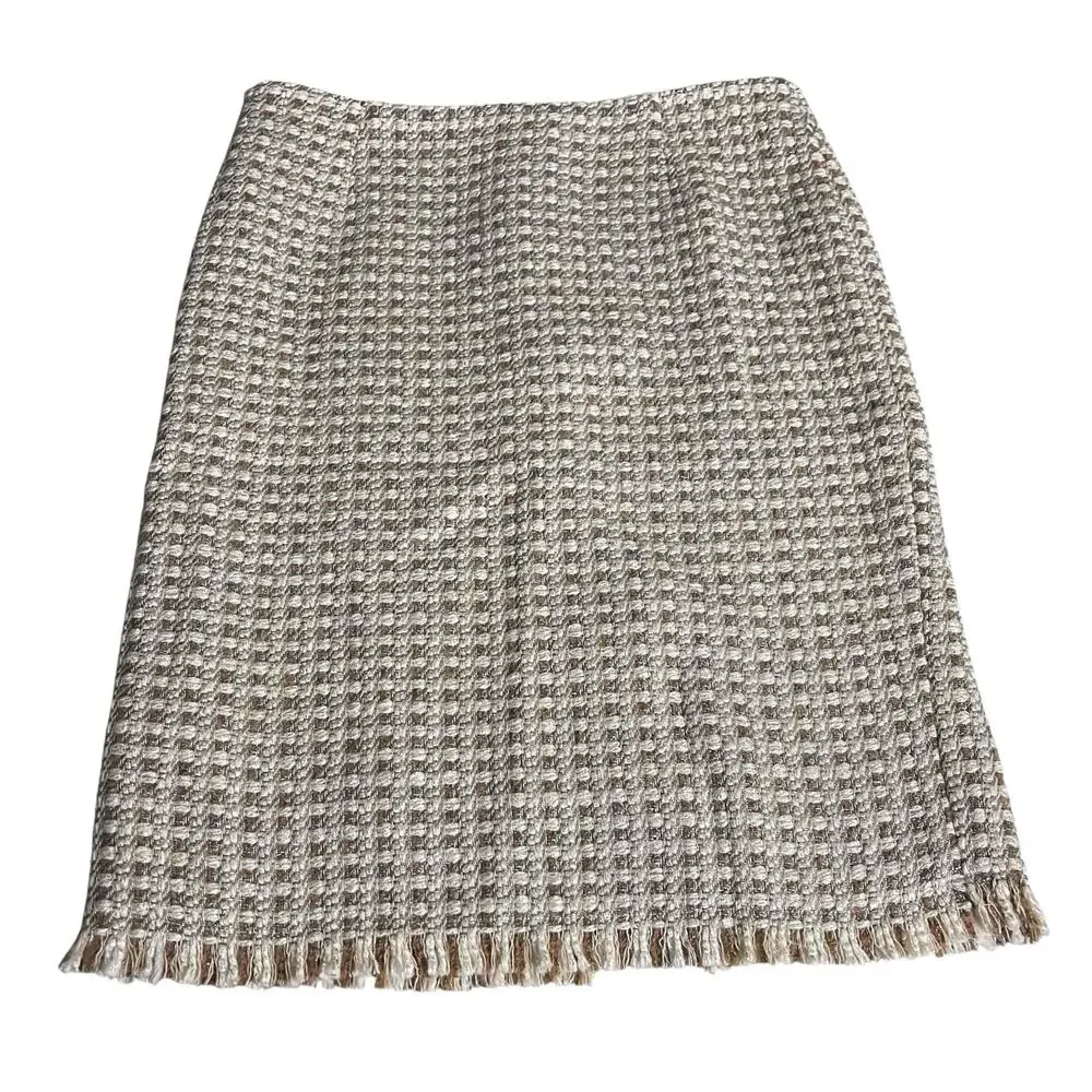 Womens Trina Turk Fringe Hem Lined Midi Skirt Multicolor Tweed Wool Blend Size 2